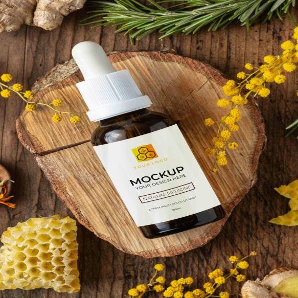 Natural Medicine Packaging Mockup With Ingredients