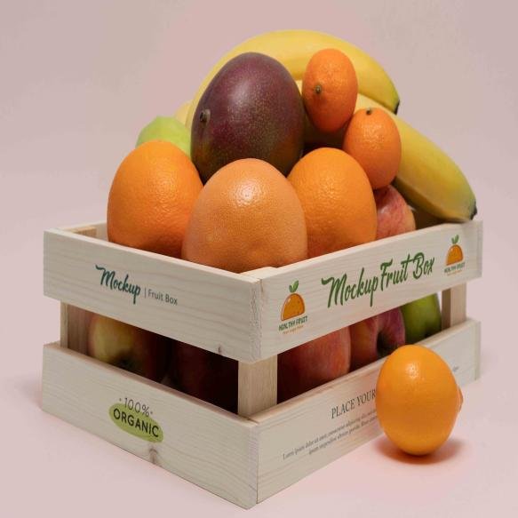 Wooden Crate Mock Up With Exotic Fruits