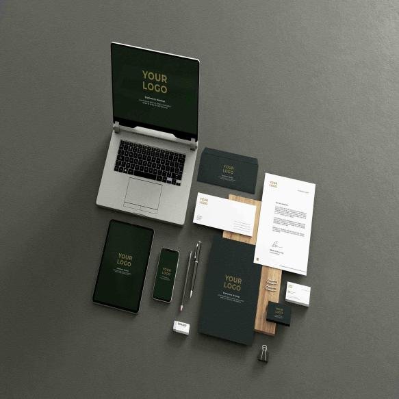 Dark Green Stationery Mockup Business Company With Laptop Tablet Phone