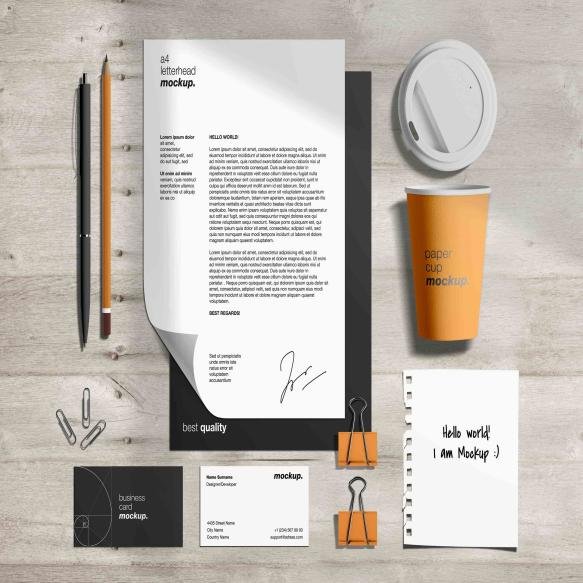 Stationery Branding Identity Mockup Template Scene Creator With Letterhead Business Cards Paper Coff
