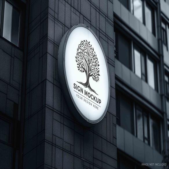 Round Sign Mockup Hanging From Wall