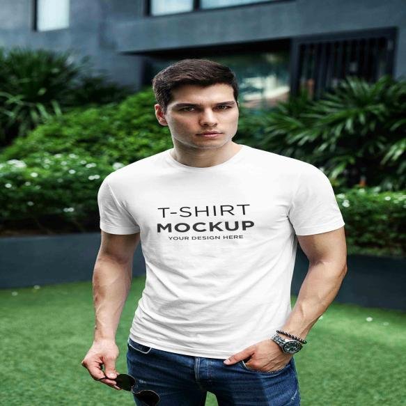 T Shirt Mockup Stylish Man Garden