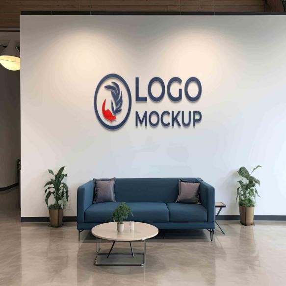 Corporate Logo Elegance White Wall Blue Sofa Mockup