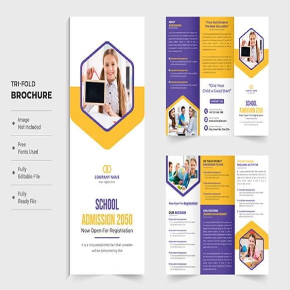 School Admission Trifold Brochure Template Design With Yellow Purple Colors Academic Study Brochure