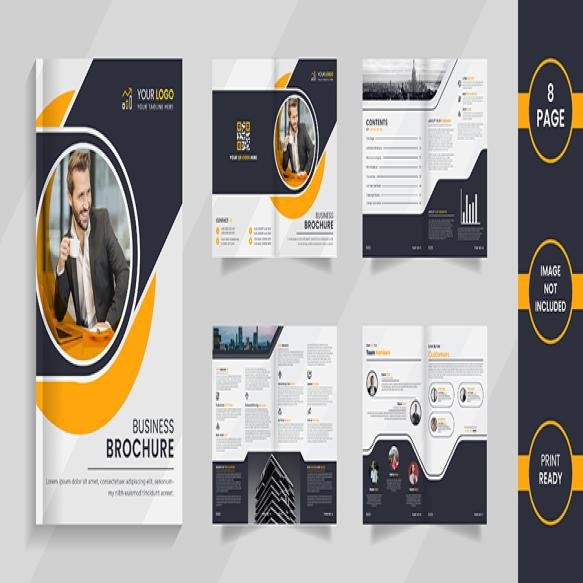 Modern 8 Page Corporate Brochure Template Design With Black Yellow Color Shapes