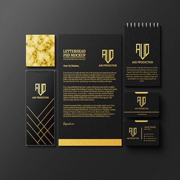 Gold Texture Stationery Mockup Set With Mobile Mockup