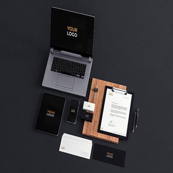 Realistic Stationery Mockup Black White Company Business Laptop Phone Tablet
