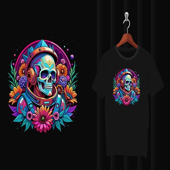 Skull Astronaut With Flowers T Shirt Design Artwork