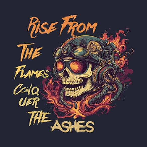 Skull With Aviator Helmet Flames Bold Orange Text Rise From Flames Conquer Ashes