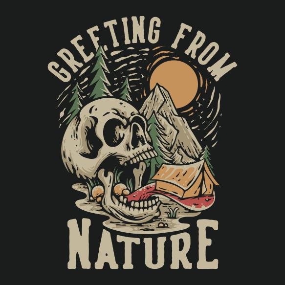 T Shirt Design Greeting From Nature With Tent Skull Tongue Vintage Illustration