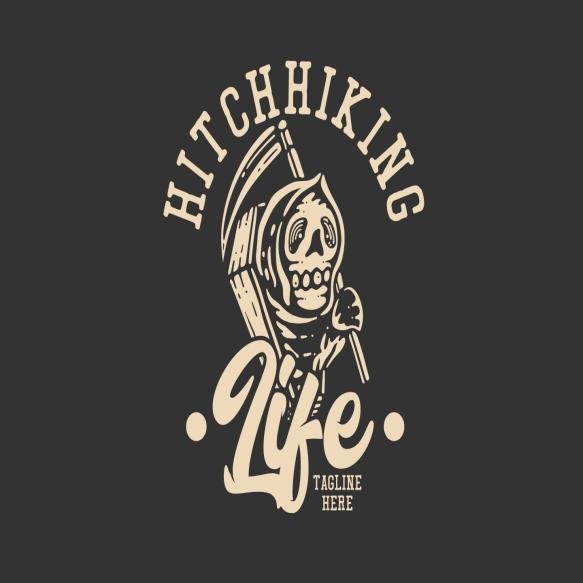 T Shirt Design Hitchhiking Life With Grim Reaper Gray Background Vintage Illustration