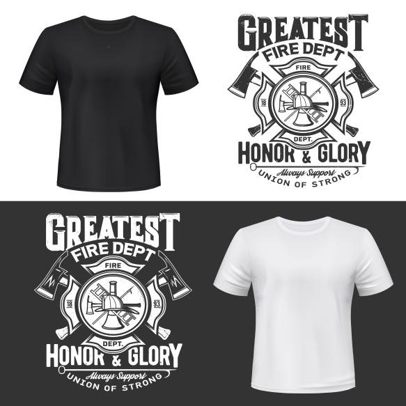 Tshirt Print With Firefighters Helmet Ax Ladder