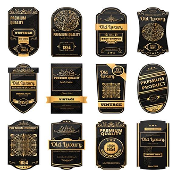 Realistic Set Black Golden Retro Labels Packaging Luxury Products Isolated Vector Illustration