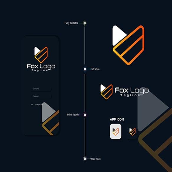 Minimalist Fox Head Logo Design With Logo Presentation Template Gradient Color