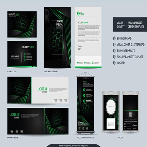 Modern Black Green Stationery Set Visual Brand Identity