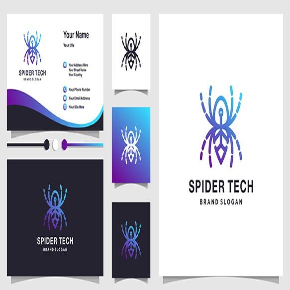 Spider Tech Logo With Creative Line Art Concept Business Card Design Premium Vector