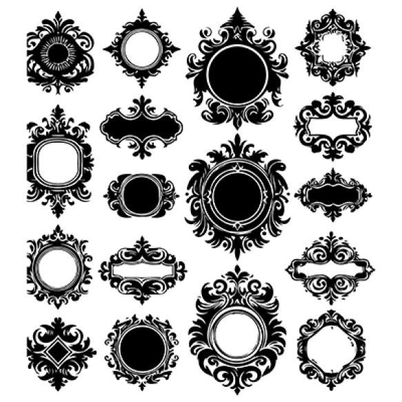 Large Set Vector Black Silhouette Frames Cartouches Badges Ornate Classical Curved