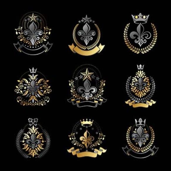 Lily Flowers Royal Symbols Emblems Set Heraldic Coat Arms Decorative Logos Isolated Vector Illustrat