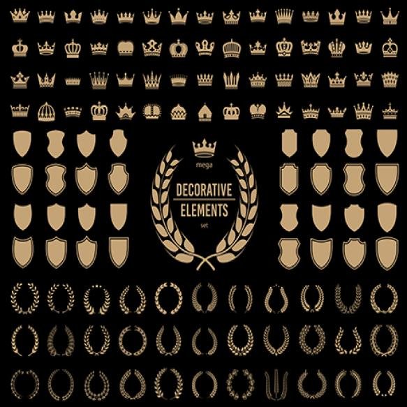 Set Award Laurel Wreaths Branches Decorative Shield Vector Illustration
