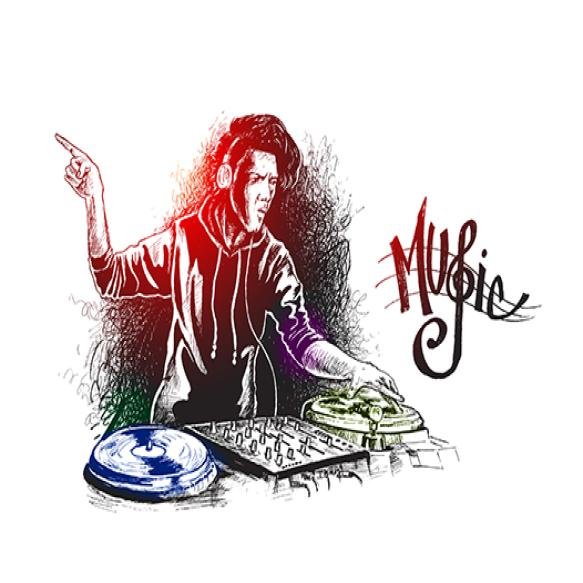 Dj With Beard Mixing Music Turntables Hand Drawn Sketch Vector Illustration
