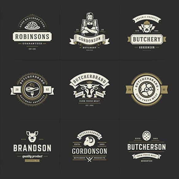 Butcher Shop Logos Set Vector Illustration Good Farm Restaurant Badges With Animals Meat Silhouettes