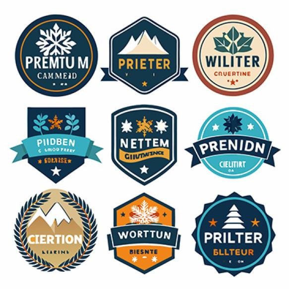 Nine Colorful Badges With Various Shapes Words Symbols