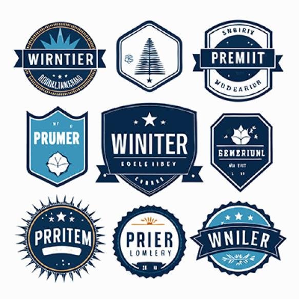 Set Nine Blue White Vintage Badges With Text
