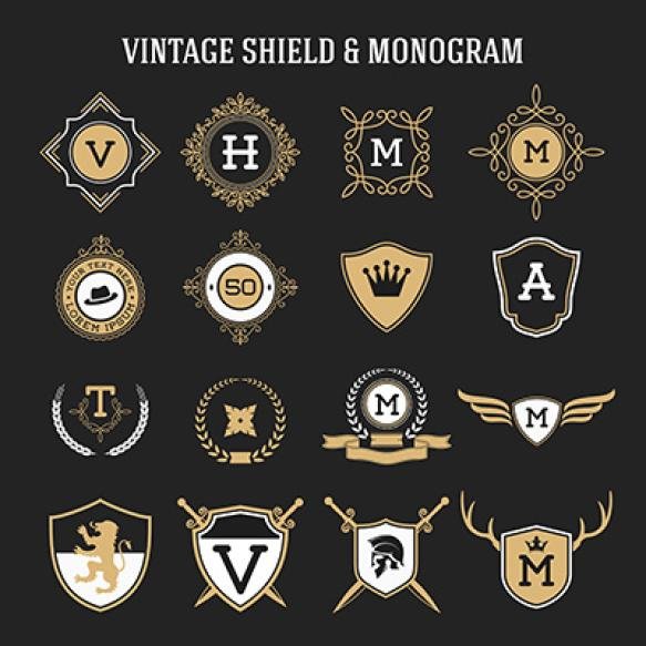 Set Vintage Monogram Shield Elements