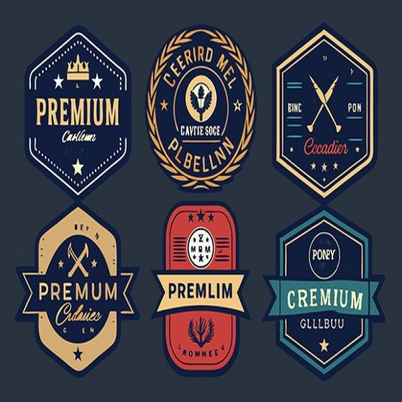 Six Vintage Styled Hexagon Rounded Badges With Decorative Elements Badges Feature Gold Crown Crossed