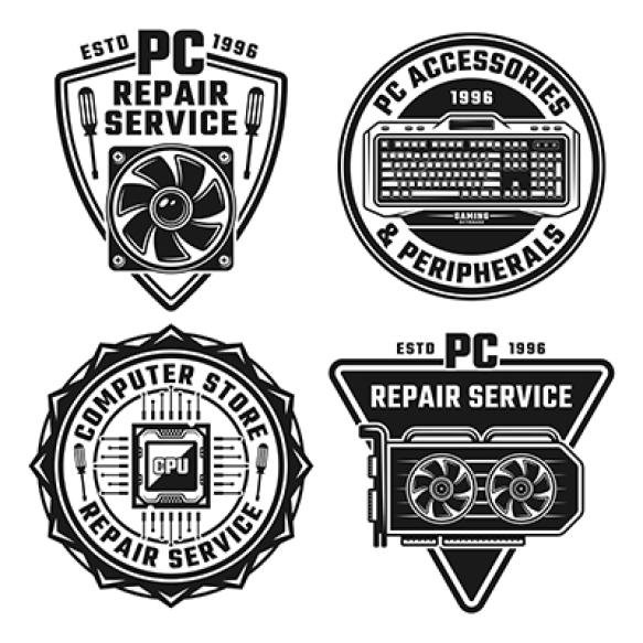 Computer Repair Service Set Four Vector Monochrome Emblems Badge Labels Logos Isolated White Backgro