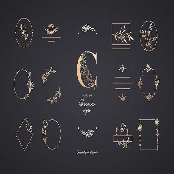 Set Minimalistic Elegant Geometric Floral Elements Premade Decorative Fashion Labels Signs