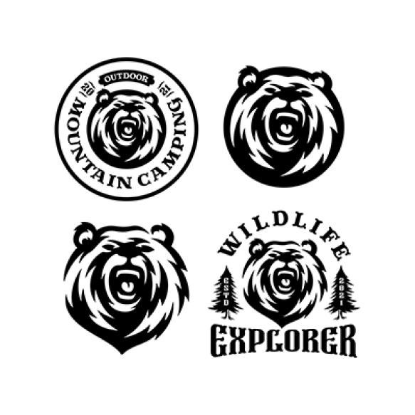 Set Bear Logo Emblem Outdoor Adventure Expedition Bear Head Forest