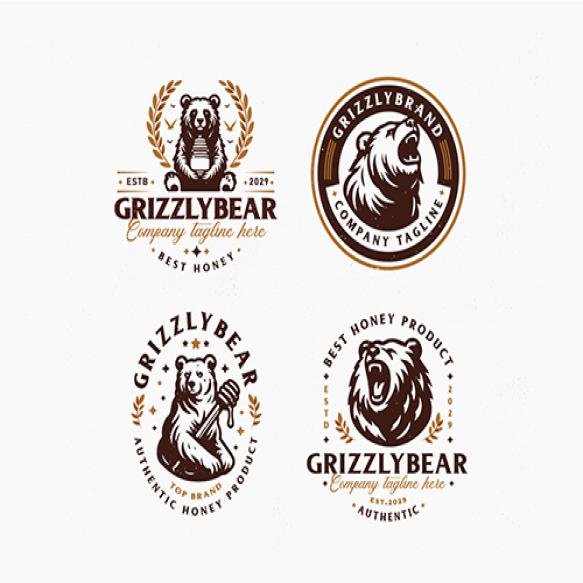 Set Vintage Bundle Classic Wild Grizzly Bear Logo Design Business Company
