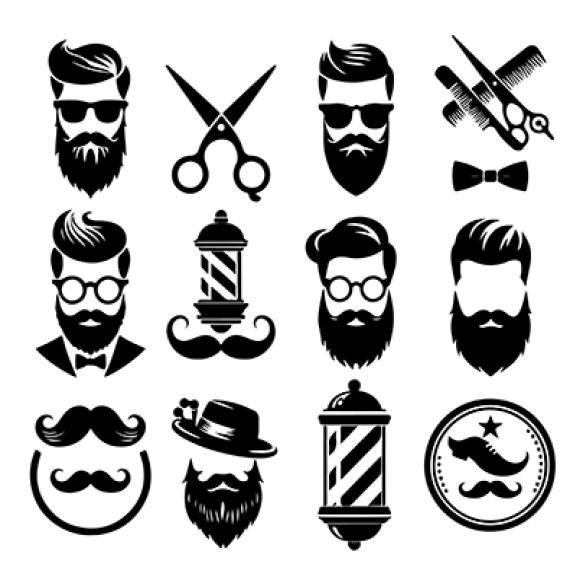 Hipster Barber Shop Vector Illustration Vintage Logo Badge Beard Scissors Razor Curly Beard