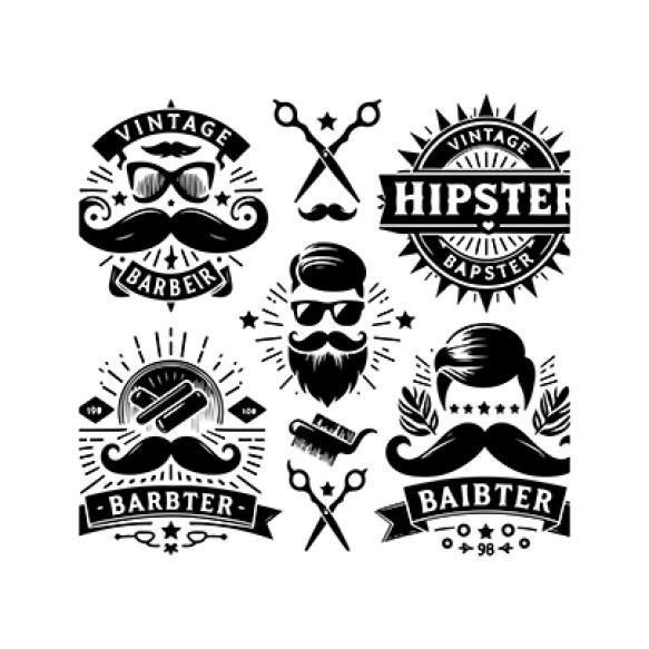 Hipster Barber Shop Vintage Logo Badge Beard Scissors Razor Curly Beard Mustache Vector (3)