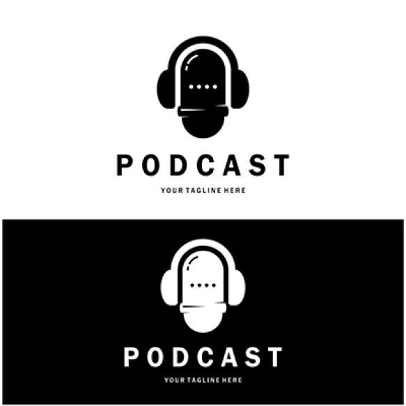 Podcast Logo With Microphone Earphone Audio Radio Waves Studio Talk Show Chat