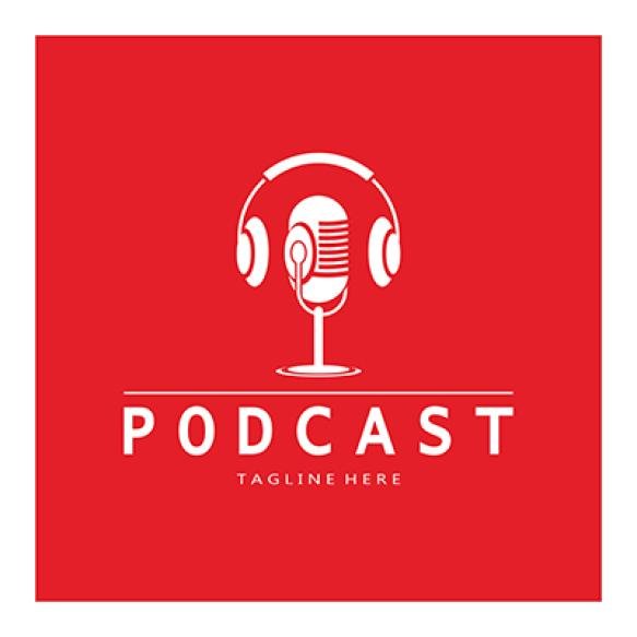 Podcast Logo With Microphone Earphone Audio Radio Waves Studio Talk Show Chat Information Sharing In