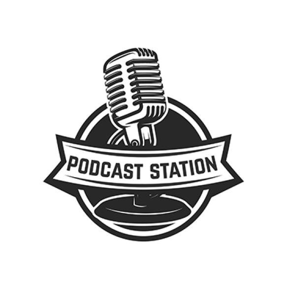 Podcast Station Emblem Template With Retro Microphone Element Logo Label Emblem Sign Illustration