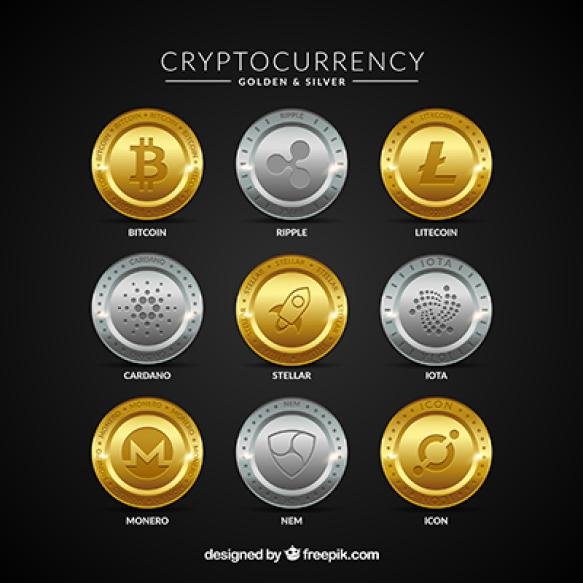 Collection Golden Silver Cryptocurrency Coins