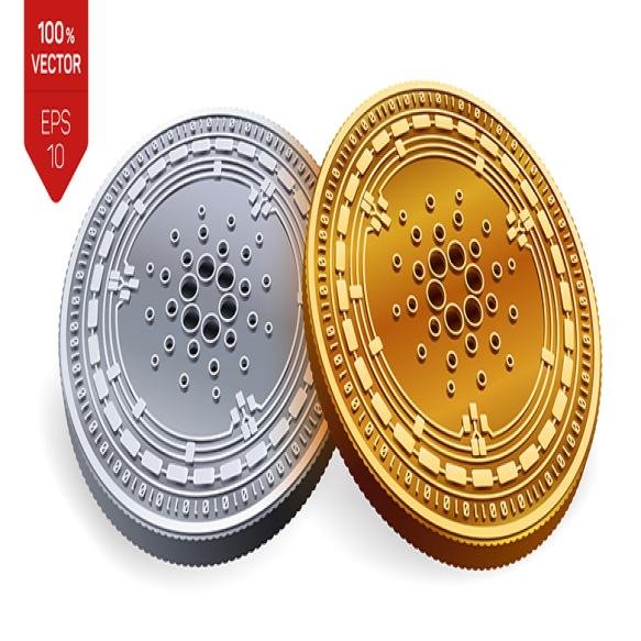 Cryptocurrency Golden Silver Coins With Cardano Symbol Isolated White Background