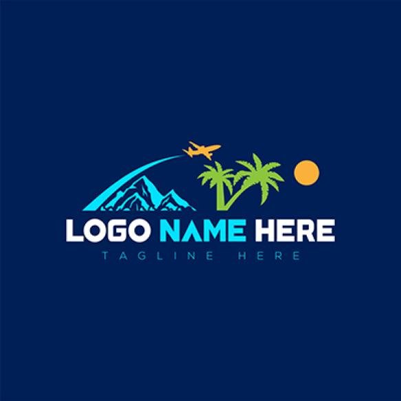 Mountain Plane Palm Tree Plan Sun Logo Illustration Vector Art Design