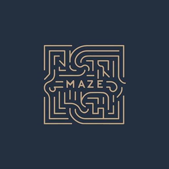 Yellow Labyrinth Logo With Words Maze Middle Isolated Blue Background