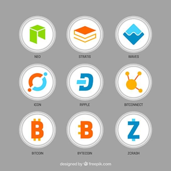 Collection Colorful Cryptocurrency Coins