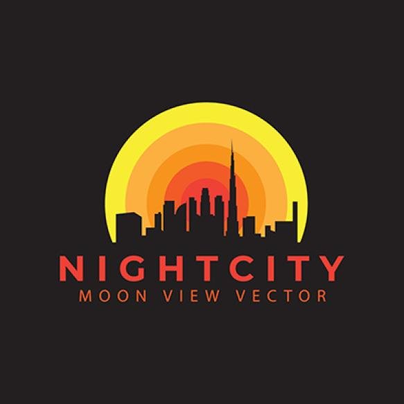 Big City Skyscrapers With Moon Night Silhouette Logo Vector Icon Symbol Design