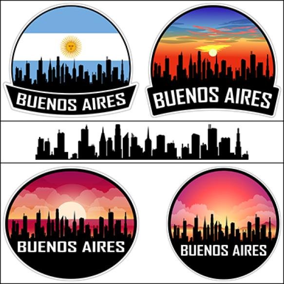 Buenos Aires Skyline Argentina Flag Cityscape Silhouette Travel Souvenir Sticker Sunset Vector