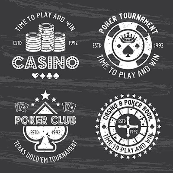 Casino Poker Room Set Vector Gambling Emblems Labels Badges Logos Isolated Dark Background