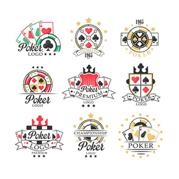 Poker Logo Set Vintage Emblems Poker Club Casino Championship Vector Illustrations White