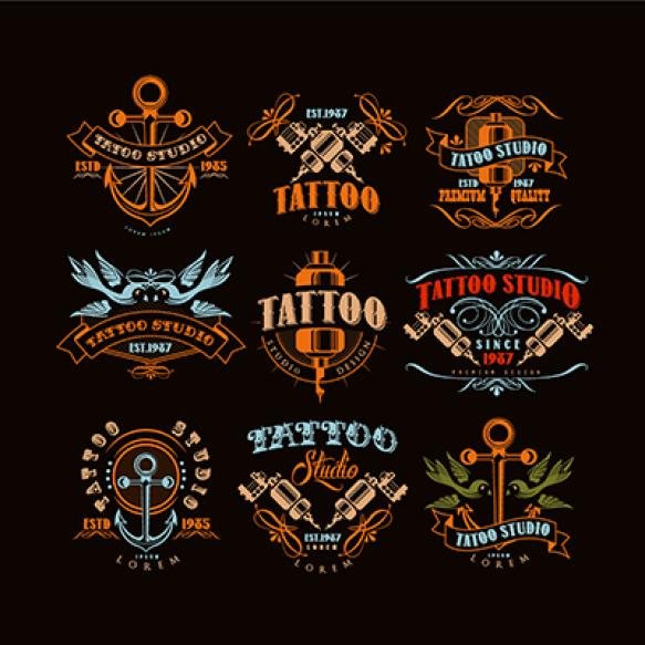 Tattoo Studio Logo Design Set Retro Styled Emblems With Professional Equipment Tattoo Elements Vecto