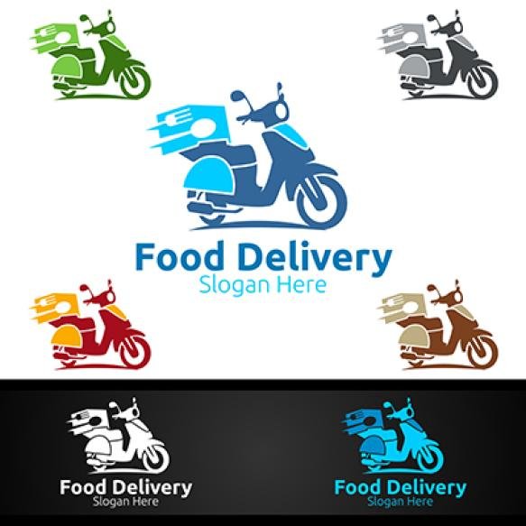 Scooter Fast Food Delivery Service Logo Restaurant Cafe Online Catering Delivery Design