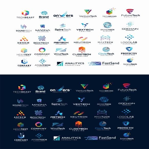 Big Set Modern Tech Logo Digital Technology Design Template Illustration